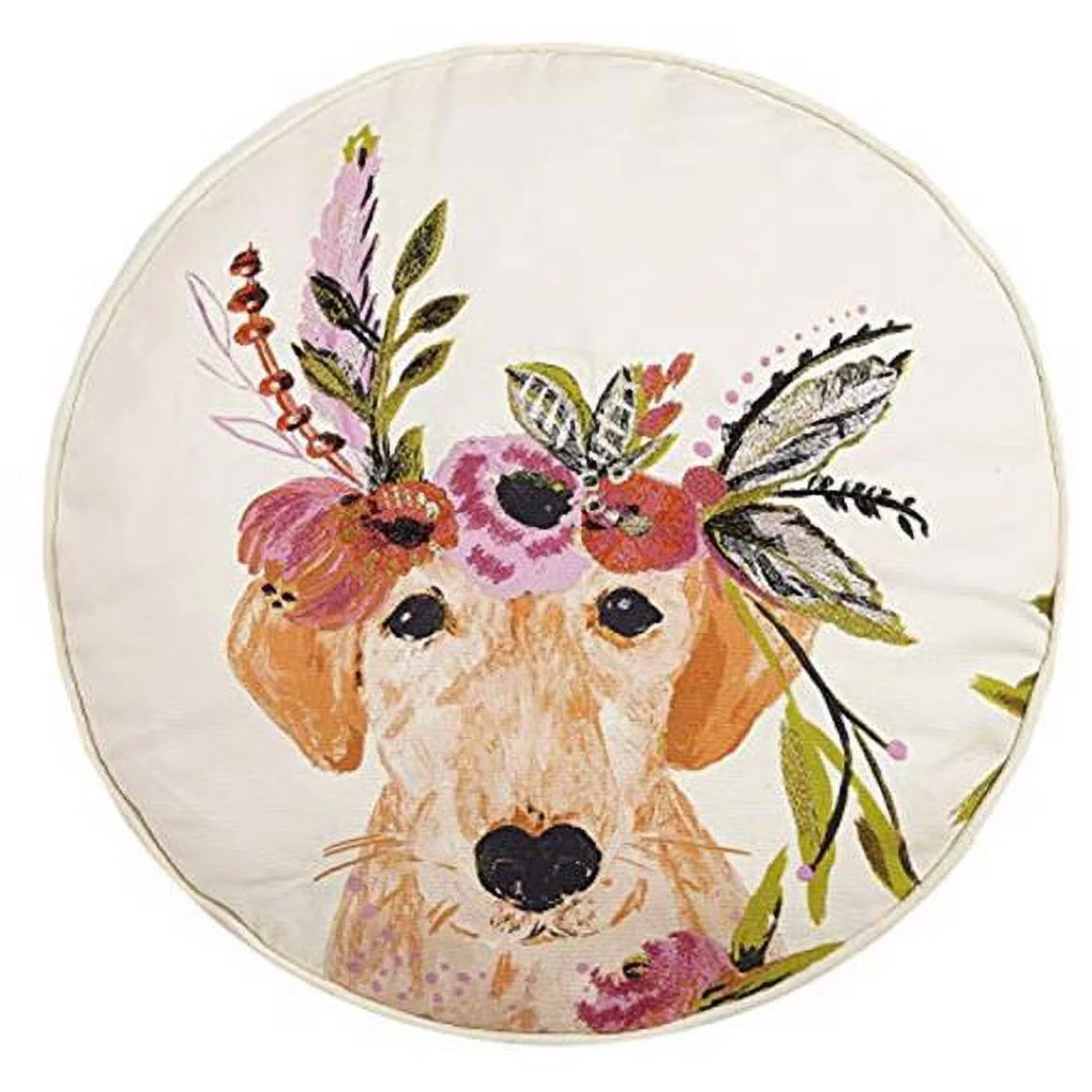 Golden Retriever in Flower Crown Circular  Embroidered Pillow