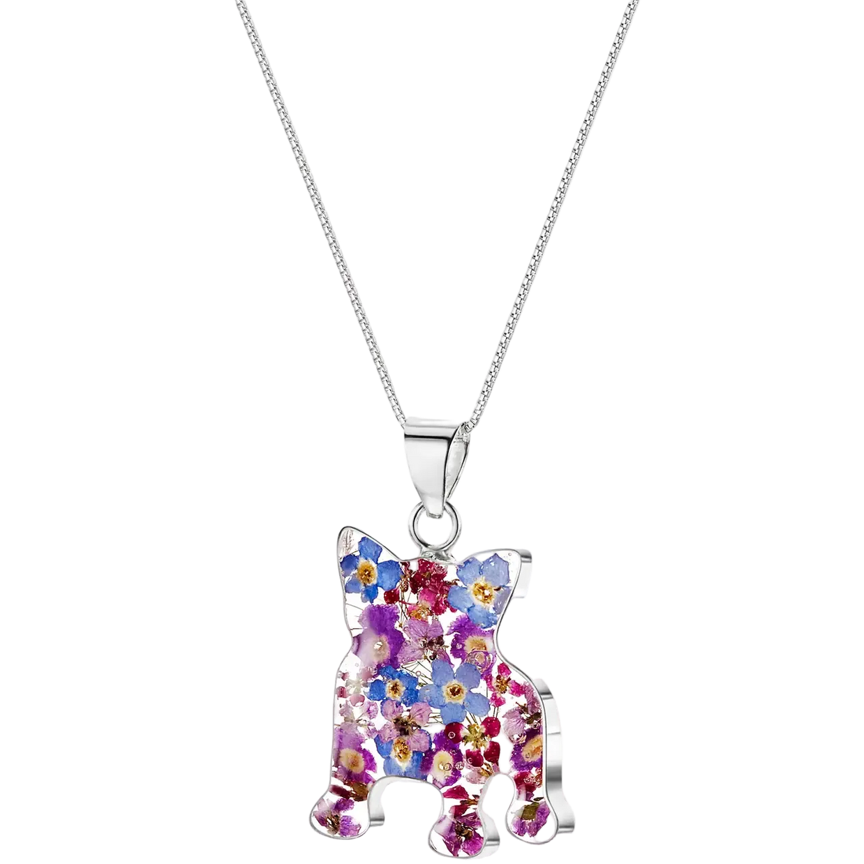 Pressed Flowers and Silver Dog Profile Necklaces