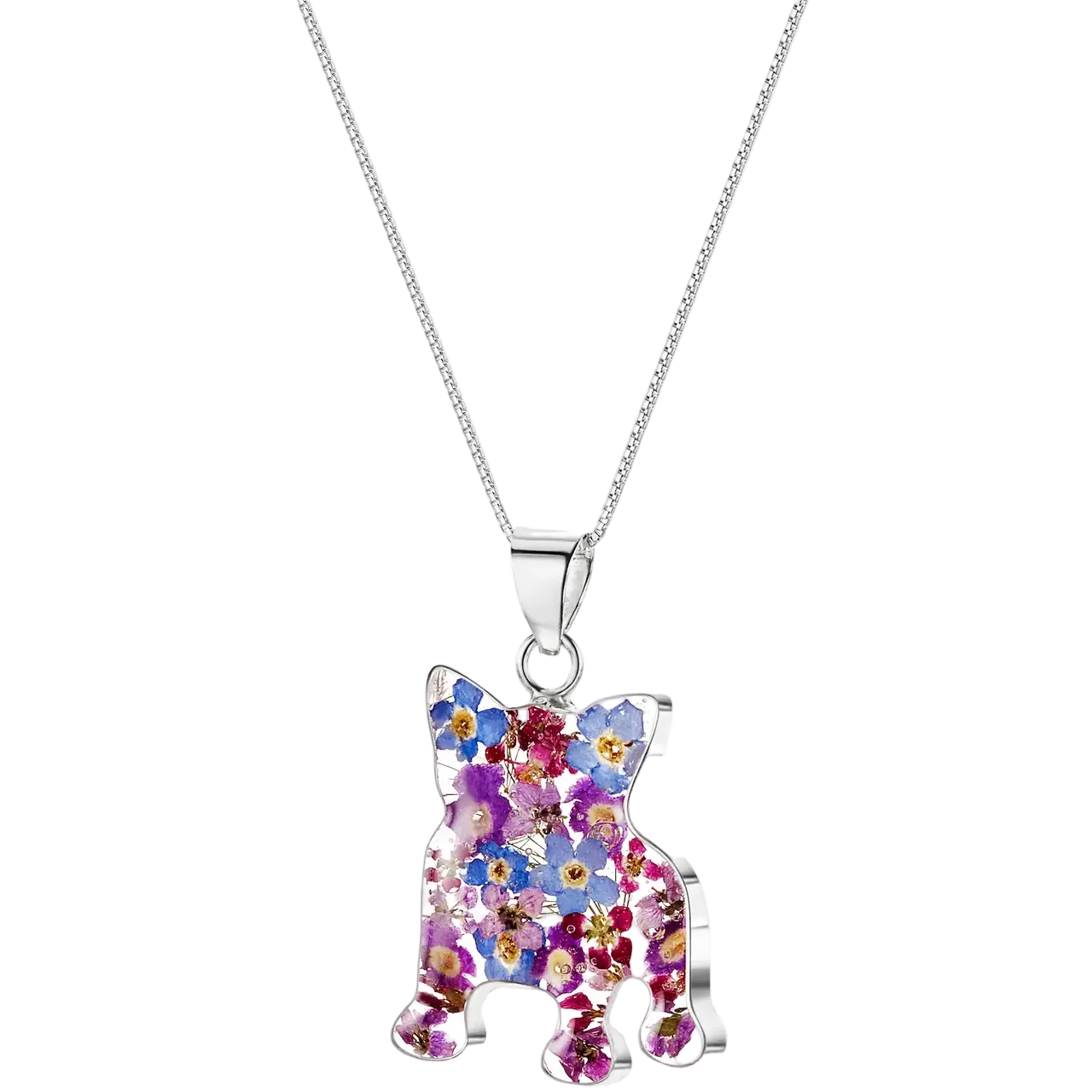 Pressed Flowers and Silver Dog Profile Necklaces