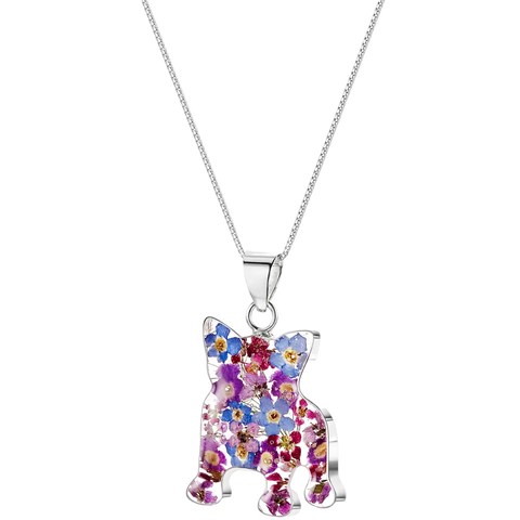 Pressed Flowers and Silver Dog Profile Necklaces