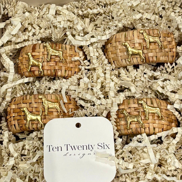 Handcrafted Rattan Napkin Rings with Golden Dog Charms