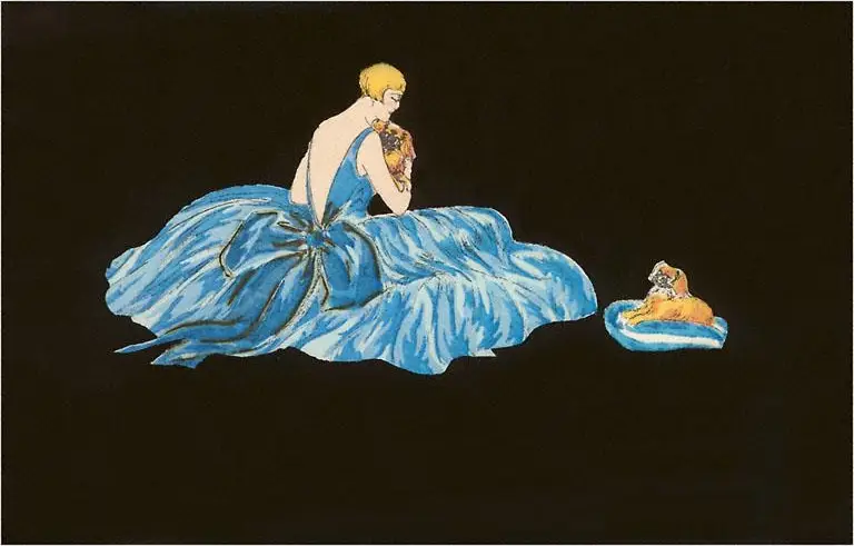 Woman in Blue Gown with Pekingese Art Print