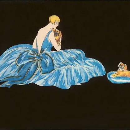 Woman in Blue Gown with Pekingese Art Print