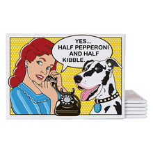 Load image into Gallery viewer, Red haired woman in a blue stripe dress on black rotary phone saying, &quot;Yes...Half pepperoni and half kibble.&quot; Beside her is a harlequin great dane wearing a name tag that says Big Boy. Background is yellow with white polka dots.
