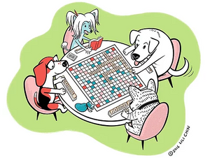 Dogs Playing Scrabble Print by Lili Chin
