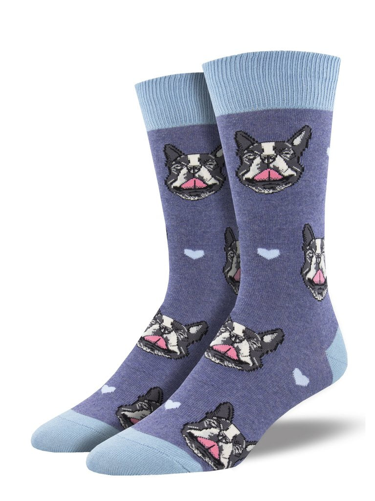 French Bulldog Kiss Crew Socks in Blue Heather
