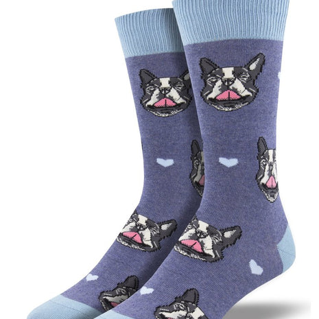 French Bulldog Kiss Crew Socks in Blue Heather